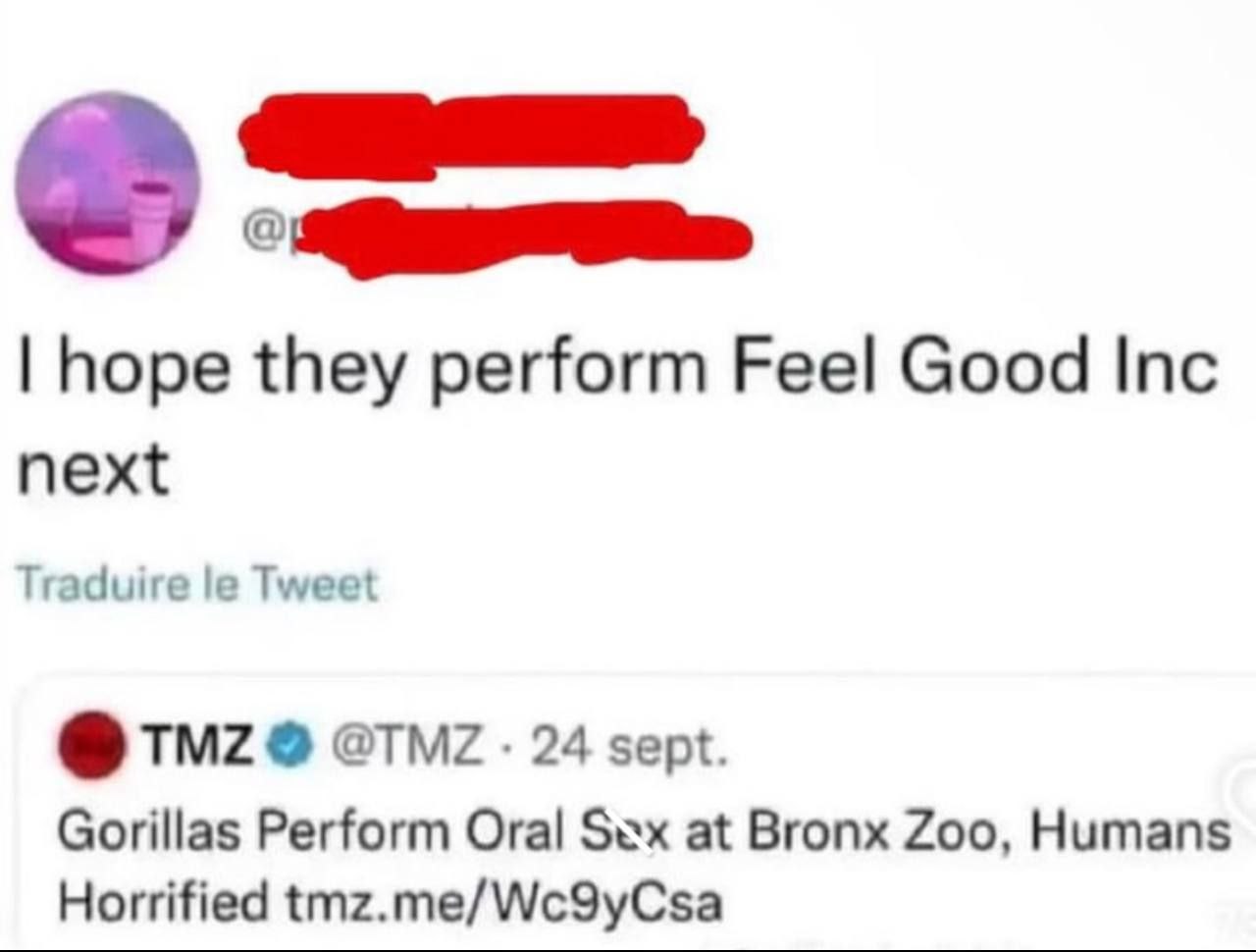 Гориллы исполнят Feel Good Inc Мем, где пользователь твиттера надеется, что гориллы исполнят песню Feel Good Inc. после новостей об их действиях в зоопарке Бронкса.