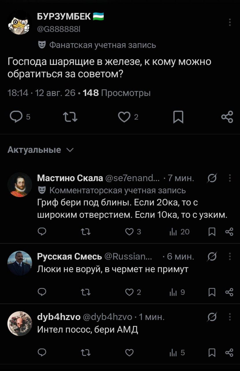 Скриншот переписки в X: пользователь спрашивает совета по железу, а в ответ получает набор абсурдных и смешных комментариев про гриф, люки и AMD.