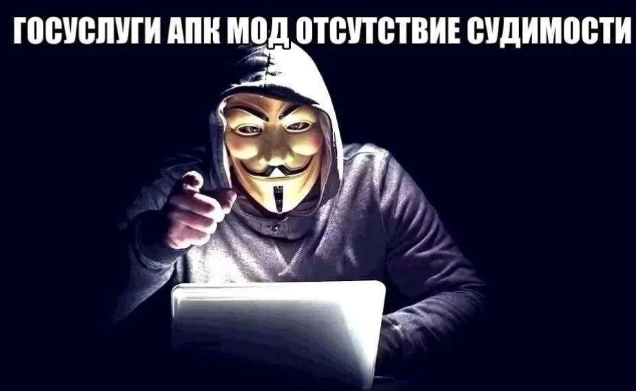 Госуслуги АПК мод отсутствие судимости Хацкер в маске Анонимуса с ноутбуком на коленях, указывающий пальцем на зрителя, с надписью «Госуслуги АПК мод отсутствие судимости»