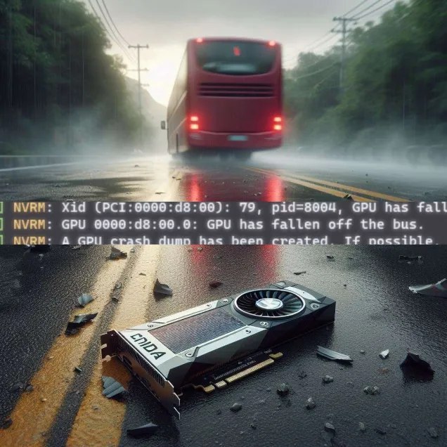 GPU has fallen off the bus Автобус уезжает, а GPU лежит на мокром асфальте со сломанными частями