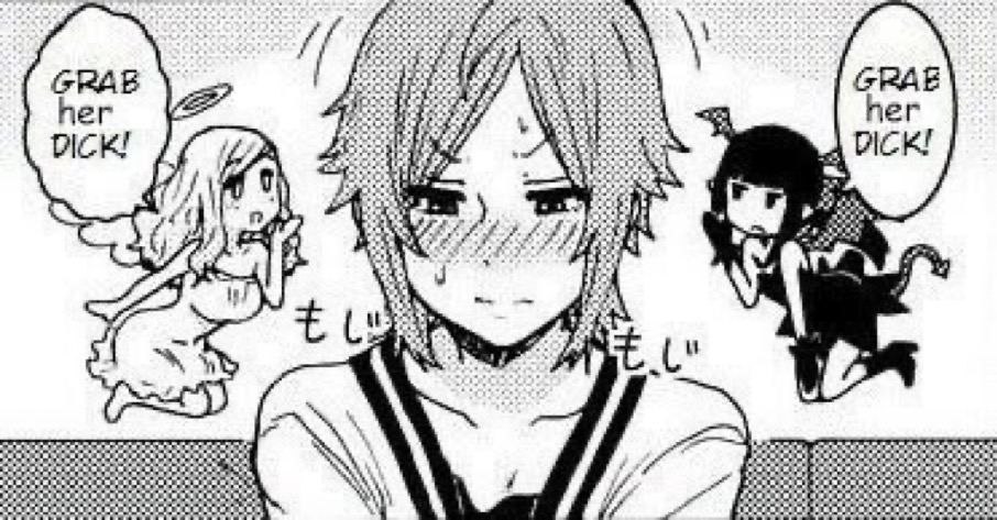 Мем с ангелом и дьяволом, которые советуют "Grab her dick" аниме-девушке
