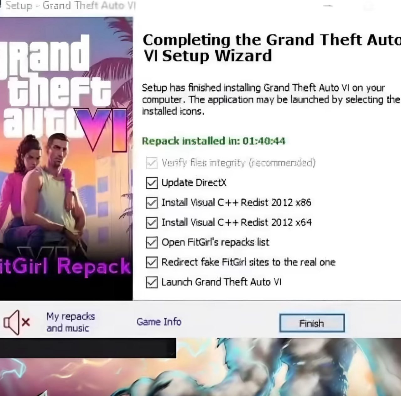 Установка Grand Theft Auto VI Установка Grand Theft Auto VI (GTA 6) от FitGirl Repack, с окном завершения установки и списком опций.