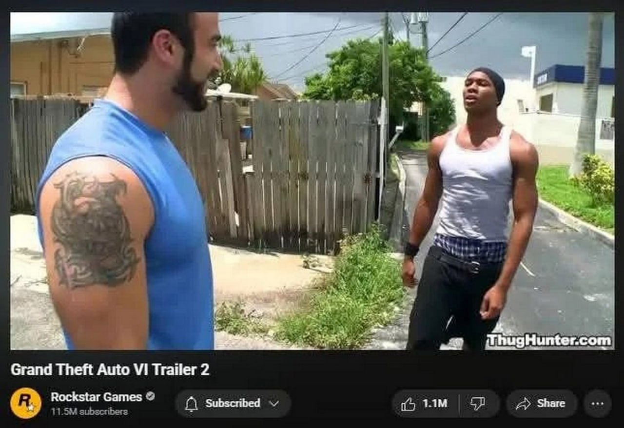 Grand Theft Auto VI Trailer 2, два мужика стоят на улице Скриншот с YouTube с видео под названием Grand Theft Auto VI Trailer 2, на котором два мужчины стоят на улице.
