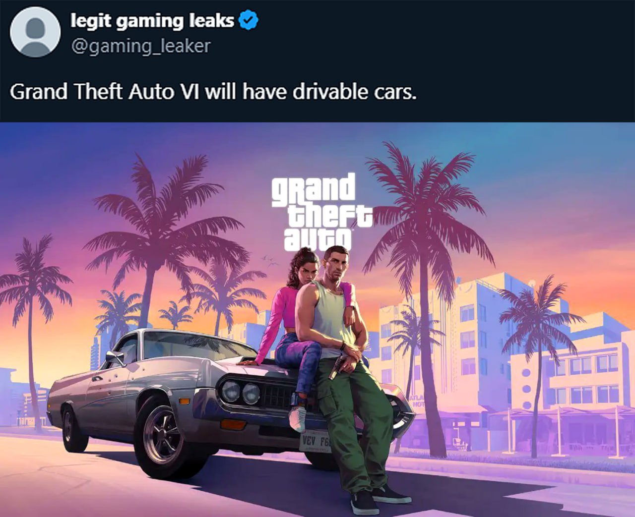 Grand Theft Auto VI will have drivable cars Твит о том, что в Grand Theft Auto VI будут управляемые машины