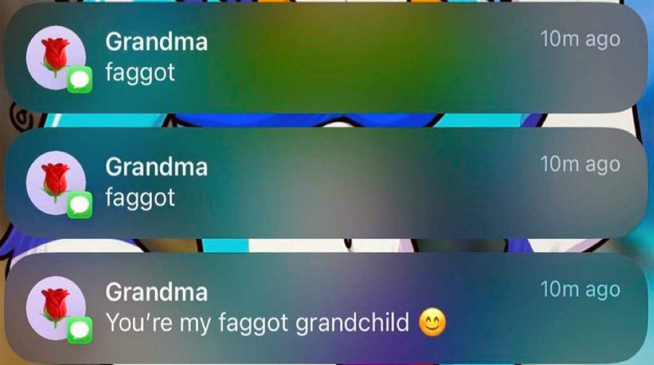 Grandma faggot Уведомления из чата от бабушки, которая называет внука "faggot".