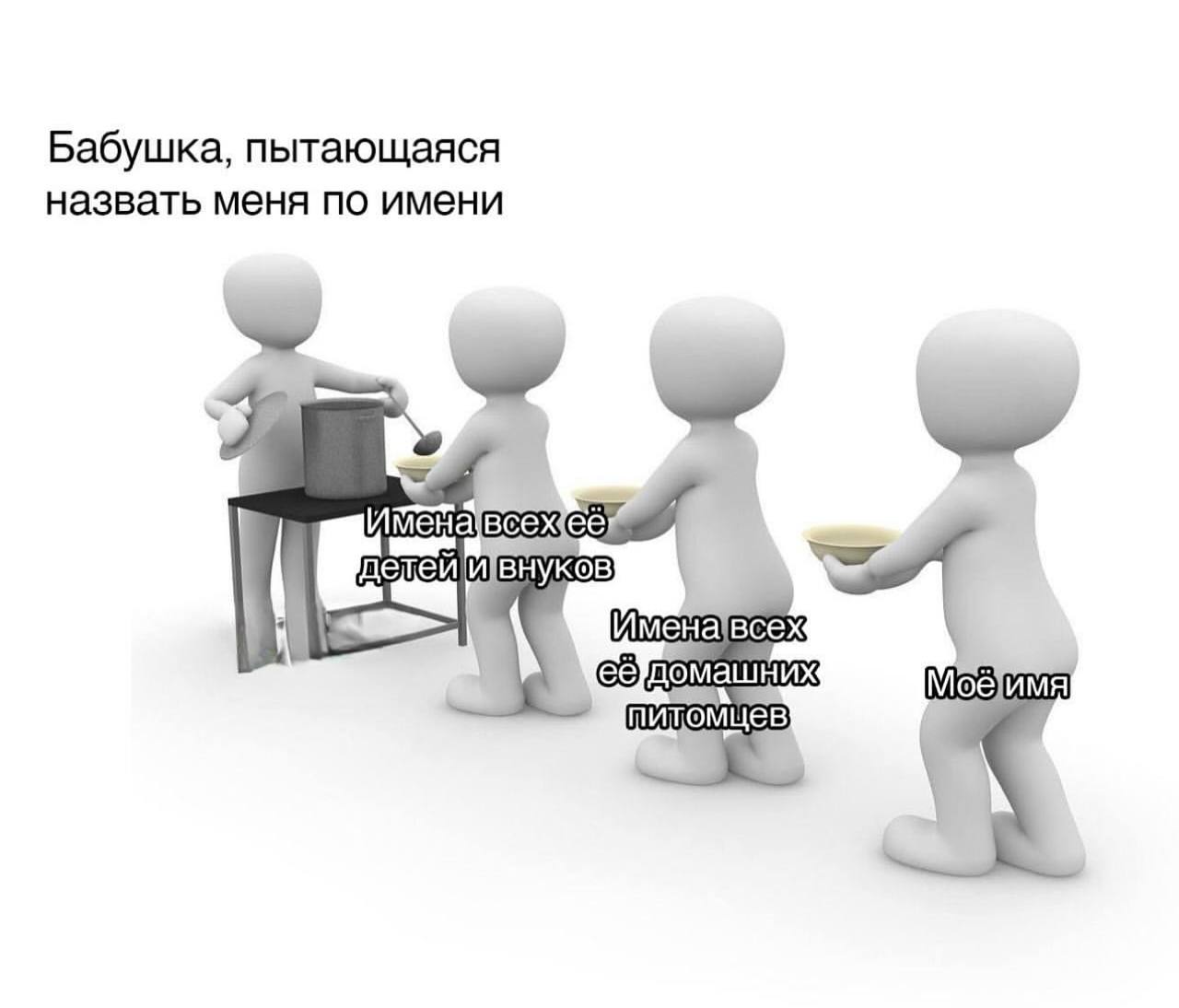 Бабушка, пытающаяся назвать меня по имени Мем про бабушку, которая пытается назвать своего внука по имени, перечисляя всех родственников и домашних животных.