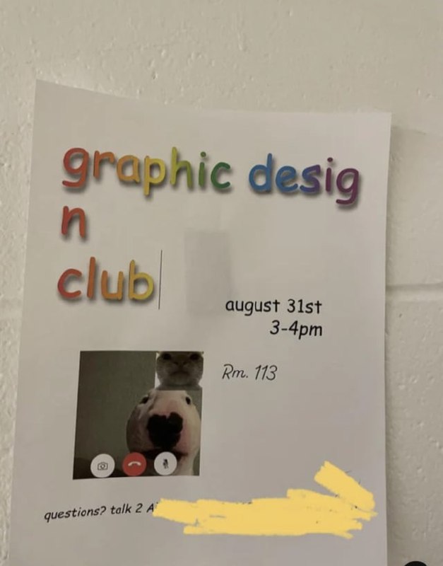 Объявление graphic design club с Уолтером Объявление graphic design club с фотографией бультерьера Уолтера и еще одной собаки на видеозвонке