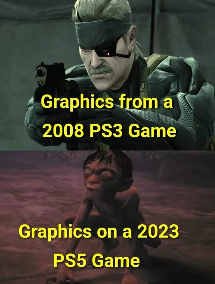 Графика 2008 PS3 против 2023 PS5 Мем, сравнивающий графику игры 2008 года на PS3 с графикой игры 2023 года на PS5, показывающий Снейка из Metal Gear Solid 4 и Голлума из The Lord of the Rings: Gollum.
