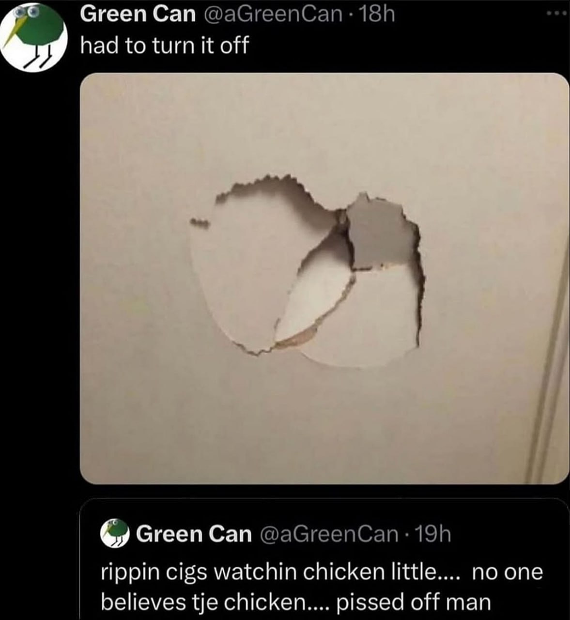 Green Can had to turn it off Мем с твитами пользователя Green Can и дырой в стене