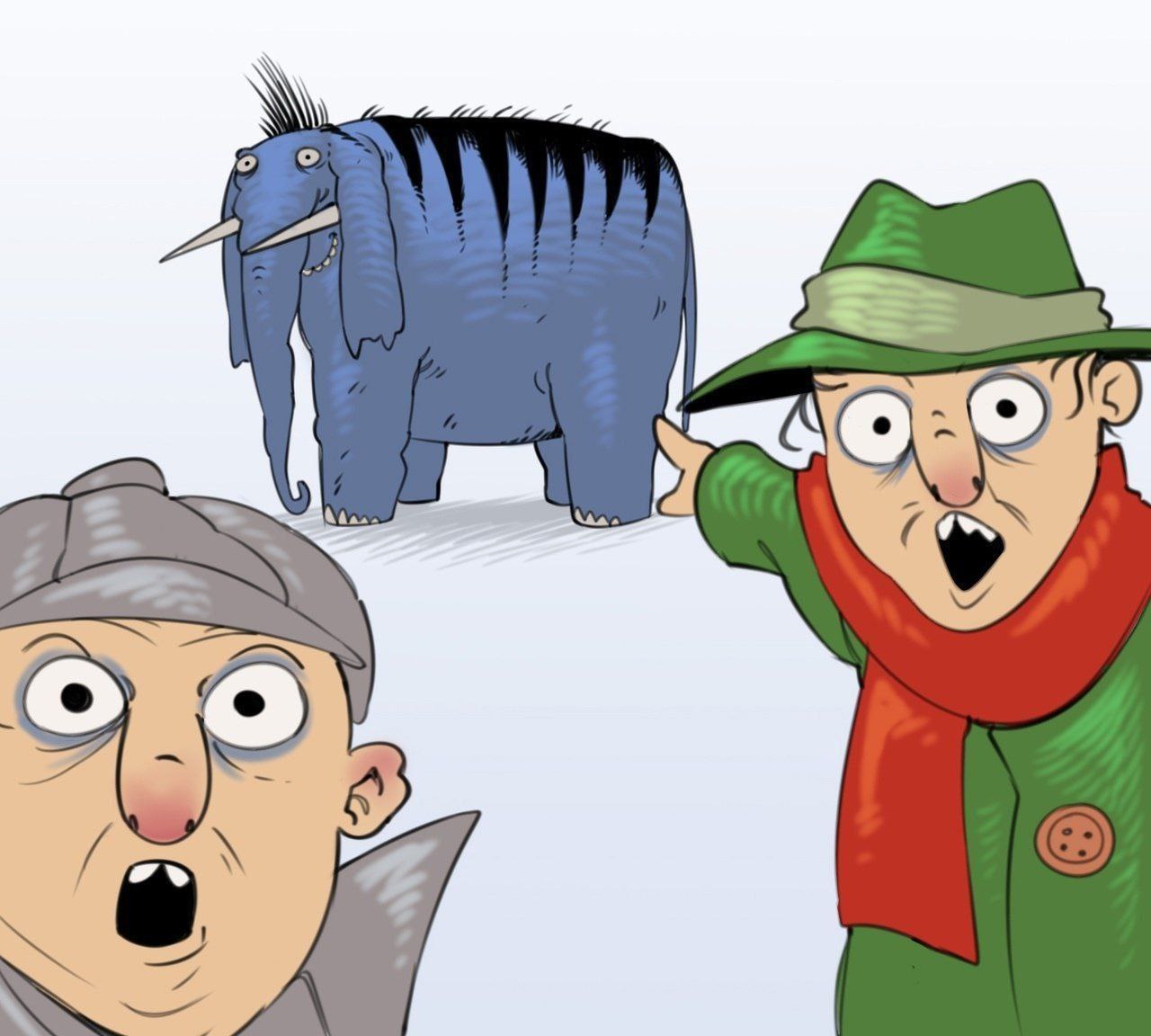 Зеленый человек указывает на квадратного синего слона Мем, где зеленый человек указывает на странного квадратного синего слона, а другой смотрит в шоке