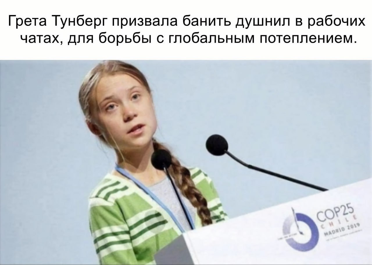 Грета Тунберг призвала банить душнил в рабочих чатах Грета Тунберг призвала банить душнил в рабочих чатах, для борьбы с глобальным потеплением.