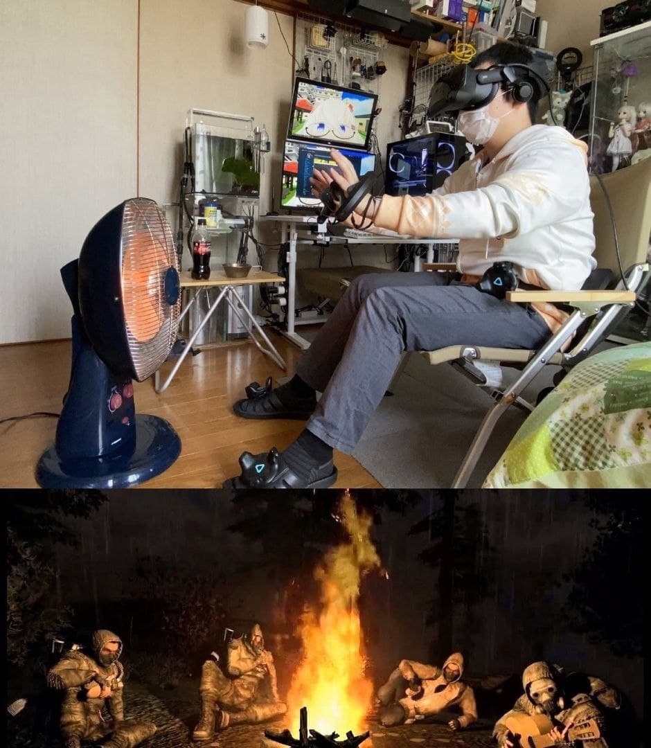 Греться у костра в VR Мужчина в VR-очках сидит перед обогревателем, имитируя тепло от костра в игре S.T.A.L.K.E.R.