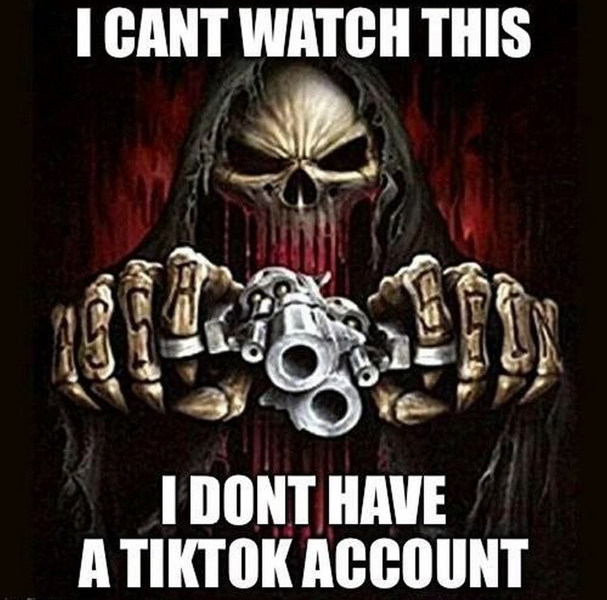 I cant watch this I dont have a Tiktok account Мрачный жнец со страшным лицом, держащий пистолет, говорит: «Я не могу это смотреть, у меня нет аккаунта в TikTok».
