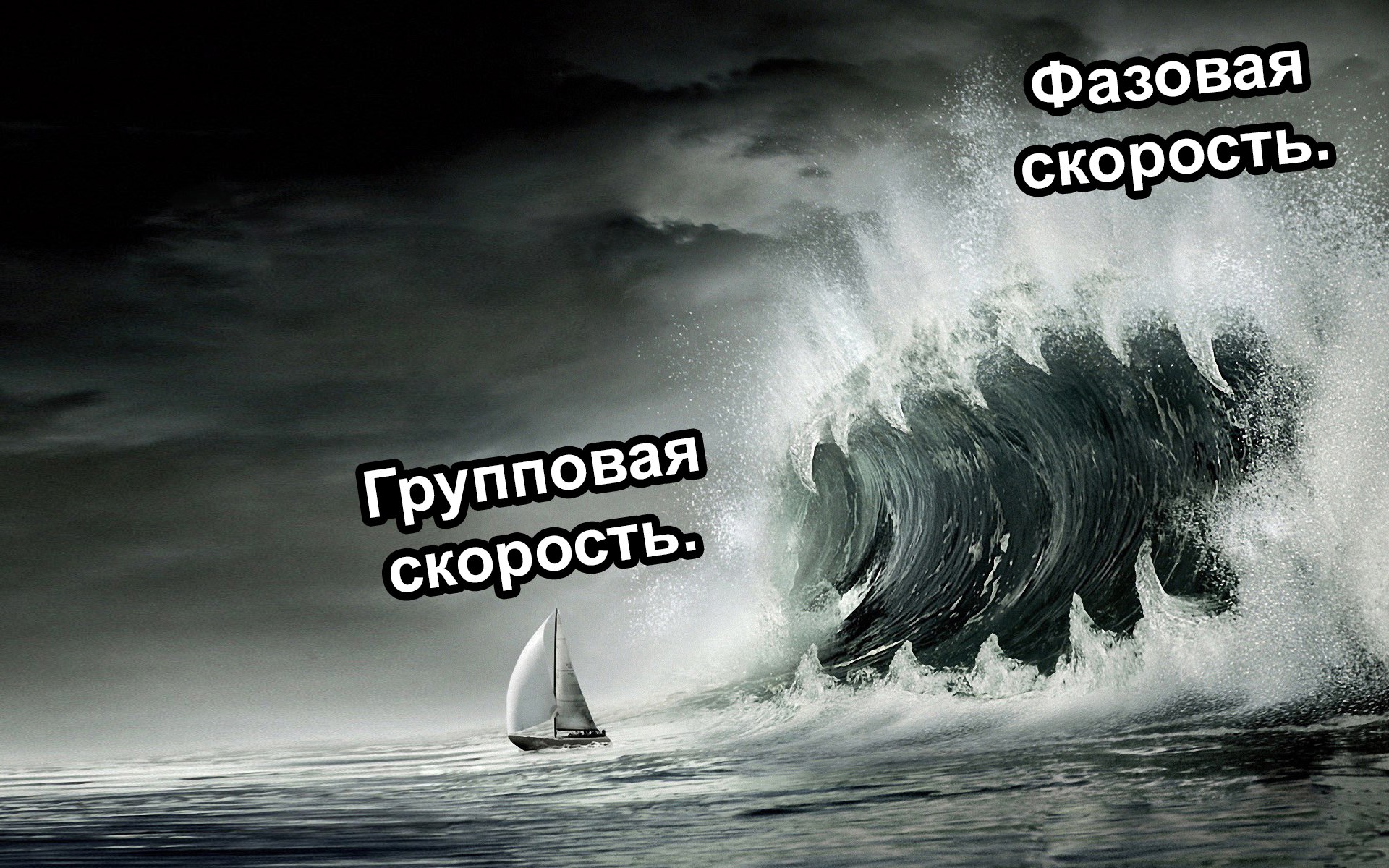 Групповая скорость и фазовая скорость Огромная волна и парусник с надписями «Групповая скорость» и «Фазовая скорость»