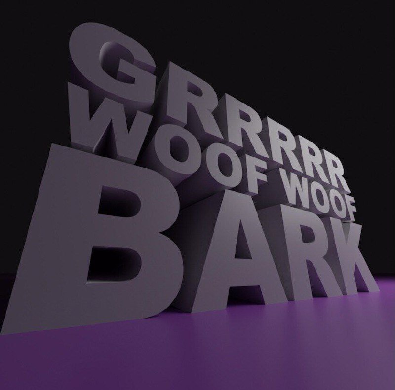 GRRRR WOOF WOOF BARK Объемные слова на фиолетовой поверхности, имитирующие собачьи звуки: GRRRR, WOOF WOOF, BARK.