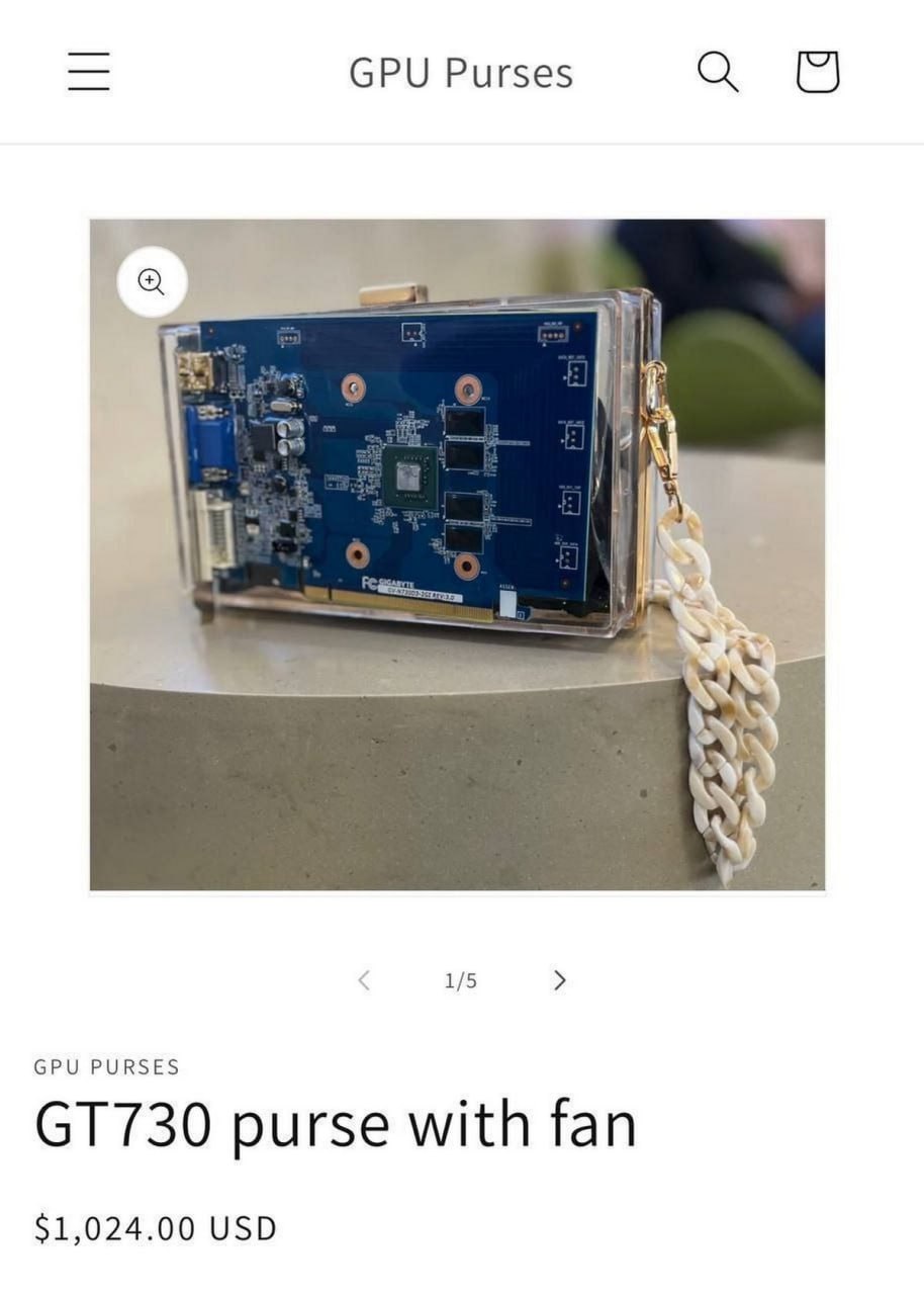 GT730 purse with fan Веб-страница с сумкой-клатчем, сделанной из видеокарты NVIDIA GeForce GT 730, продающейся за 1024 доллара