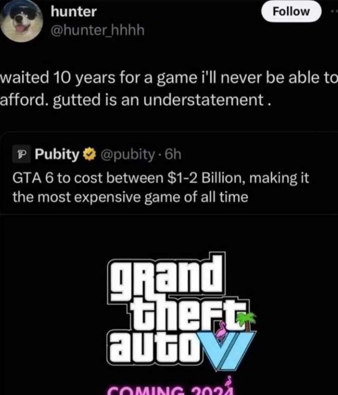 GTA 6 будет стоить 1-2 миллиарда долларов Скриншот из Твиттера с твитами о стоимости GTA 6 и реакцией пользователя.