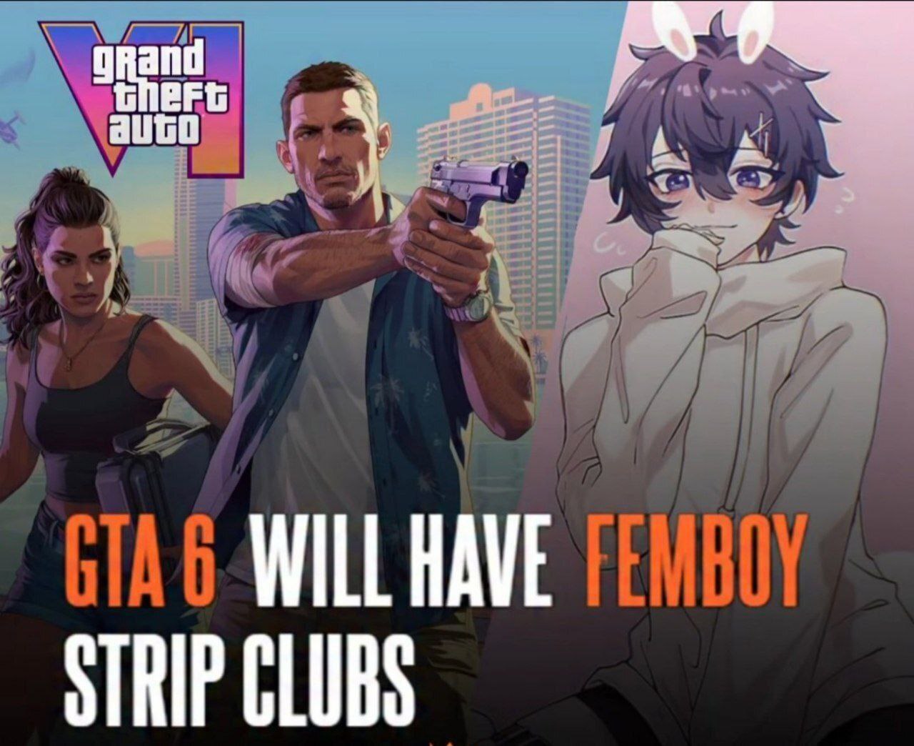 В ГТА 6 будут фембой-стрипклубы Мем с персонажами GTA 6 и аниме-фембоем, где написано, что в ГТА 6 будут фембой-стрипклубы.