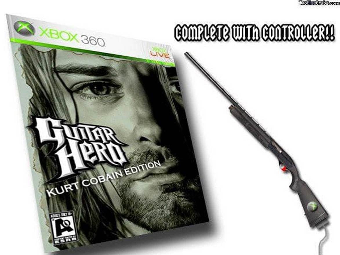 Guitar Hero Kurt Cobain Edition с контроллером-ружьем Обложка игры Guitar Hero: Kurt Cobain Edition для Xbox 360 рядом с контроллером-ружьем.