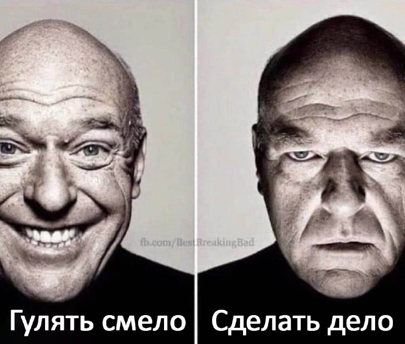 Гулять смело сделать дело Мем с Хэнком из сериала «Во все тяжкие», где он демонстрирует два состояния: радость и сосредоточенность, подписанные как «Гулять смело» и «Сделать дело»