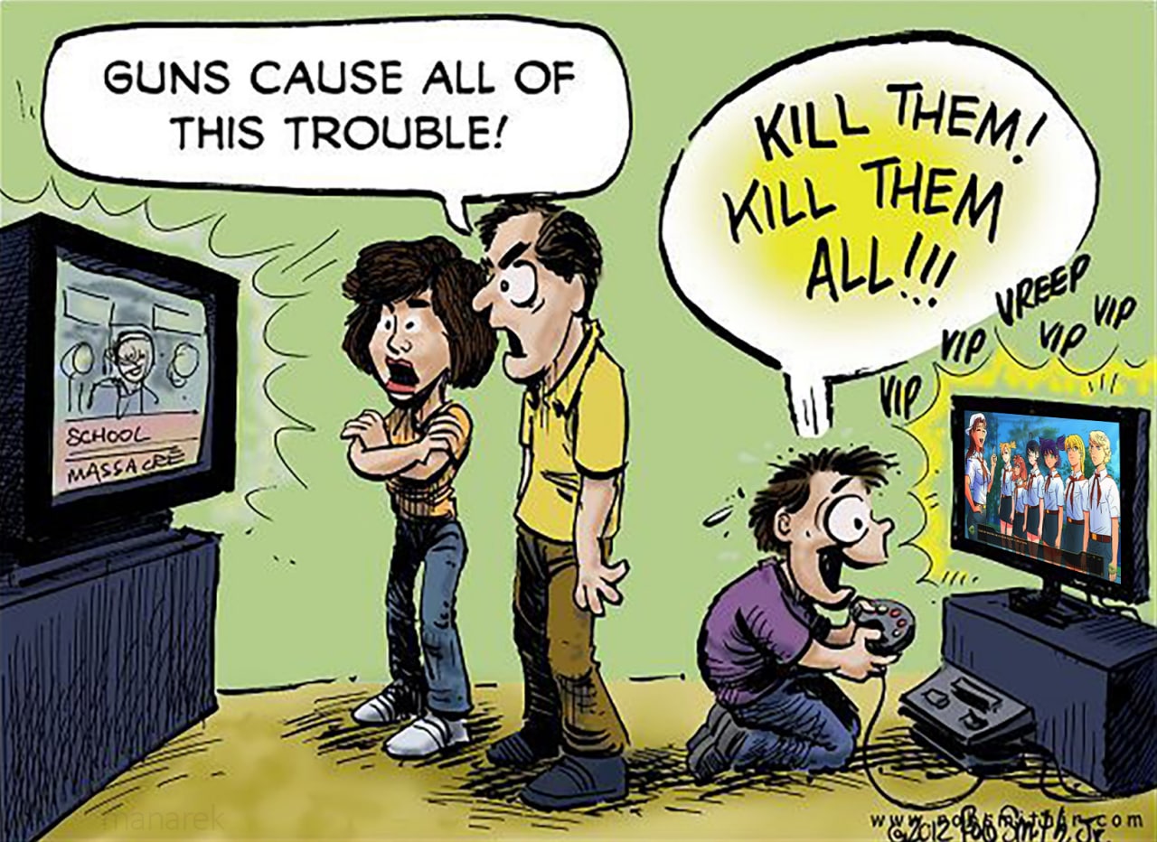 Guns cause all of this trouble Комикс, где взрослые люди осуждают насилие, смотря новости о школьной бойне, в то время как подросток рядом с ними играет в агрессивную видеоигру