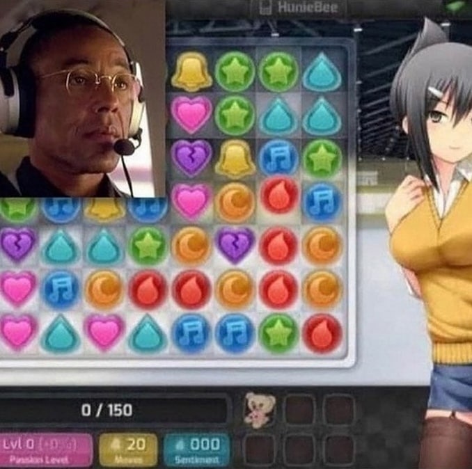 Гас Фринг играет в HuniePop Гас Фринг играет в HuniePop, сбоку видно аниме девушку из игры