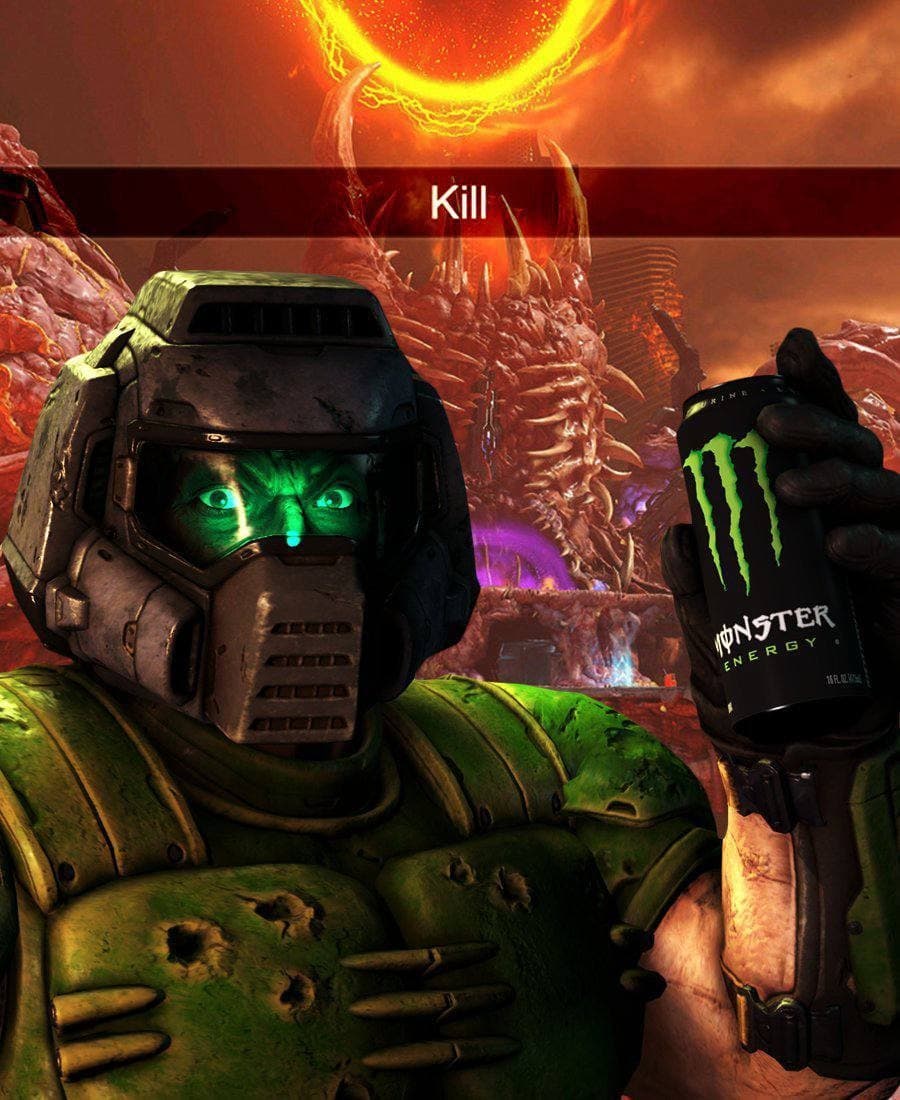 Парень в шлеме Doom Slayer пьет Monster Energy Парень в шлеме Doom Slayer с горящими зелеными глазами держит банку Monster Energy, на фоне пейзажи из игры Doom и надпись "Kill".