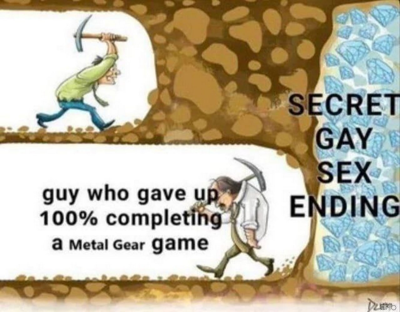 Парень, который бросил 100% прохождение Metal Gear Мем про парня, который бросил 100% прохождение игры Metal Gear и секретную гей-секс концовку.