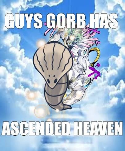Причудливое аниме-создание парит среди облаков с надписью «Guys, Gorb has ascended heaven» — «Ребята, Горб вознёсся на небеса».