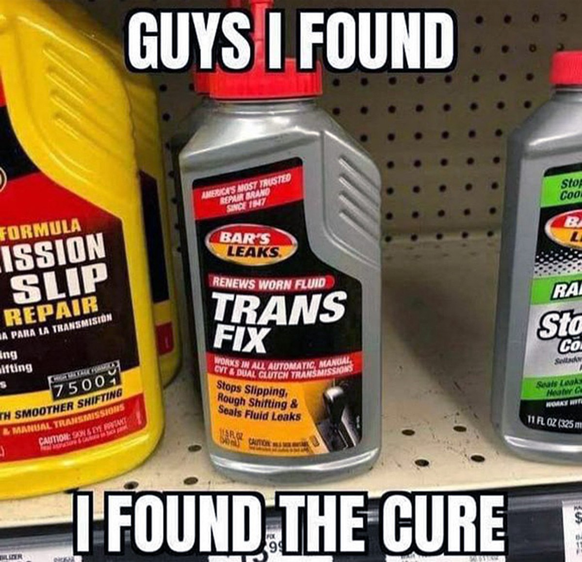 Guys I found, I found the cure Мем с бутылкой средства Trans Fix и надписью «Guys I found, I found the cure».