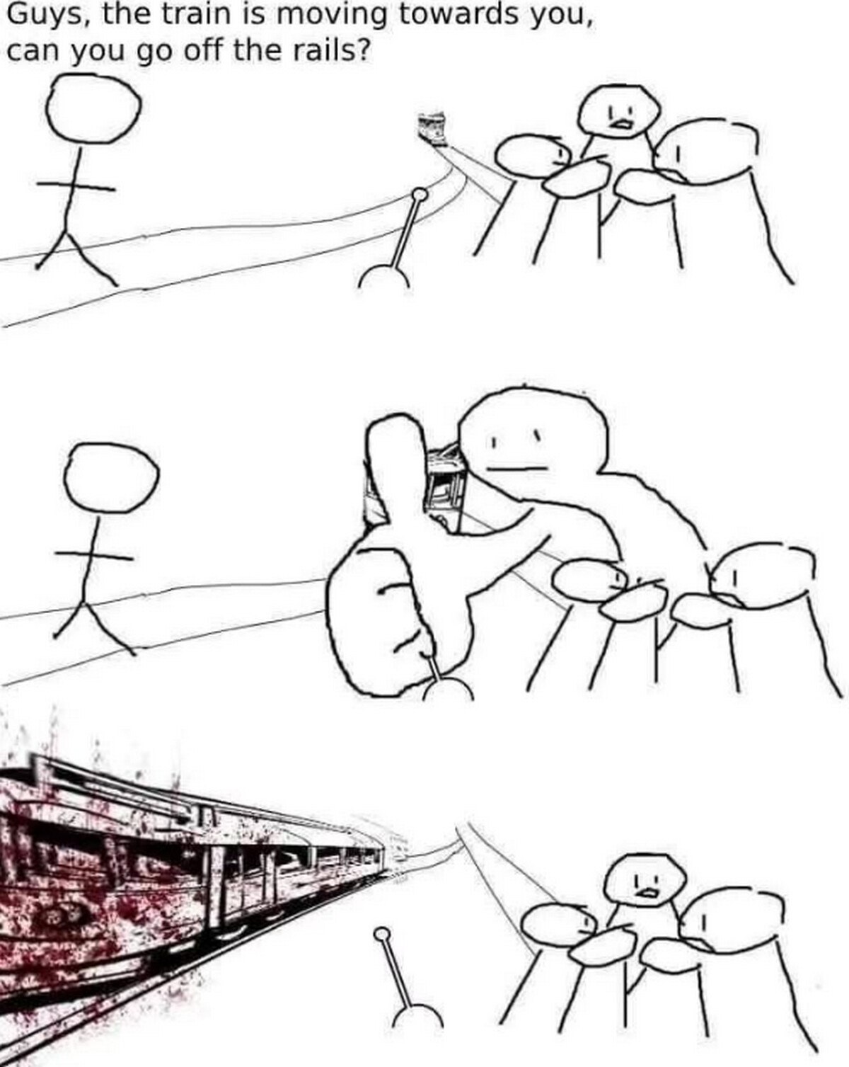 Guys, the train is moving towards you, can you go off the rails? Человек толкает друга под поезд