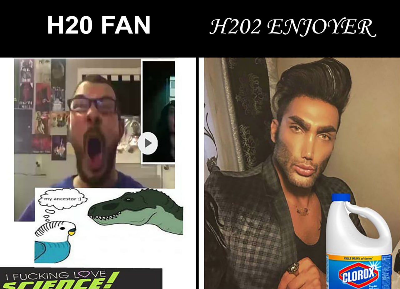 H2O FAN H2O2 ENJOYER Мем "Поклонник H2O против ценителя H2O2" сравнивает типичного пользователя воды с любителем перекиси водорода, используя изображения кричащего человека и накачанного мужчины с бутылкой хлорки.