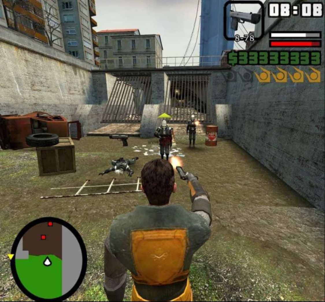 Half-Life в стиле GTA Гордон Фримен с пистолетом в мире Grand Theft Auto