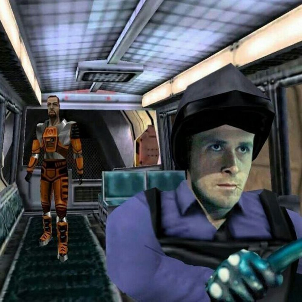 Half-Life с Райаном Гослингом Барни Мем, где Райан Гослинг заменяет Барни Калхуна из Half-Life, а Гордон Фримен стоит сзади.