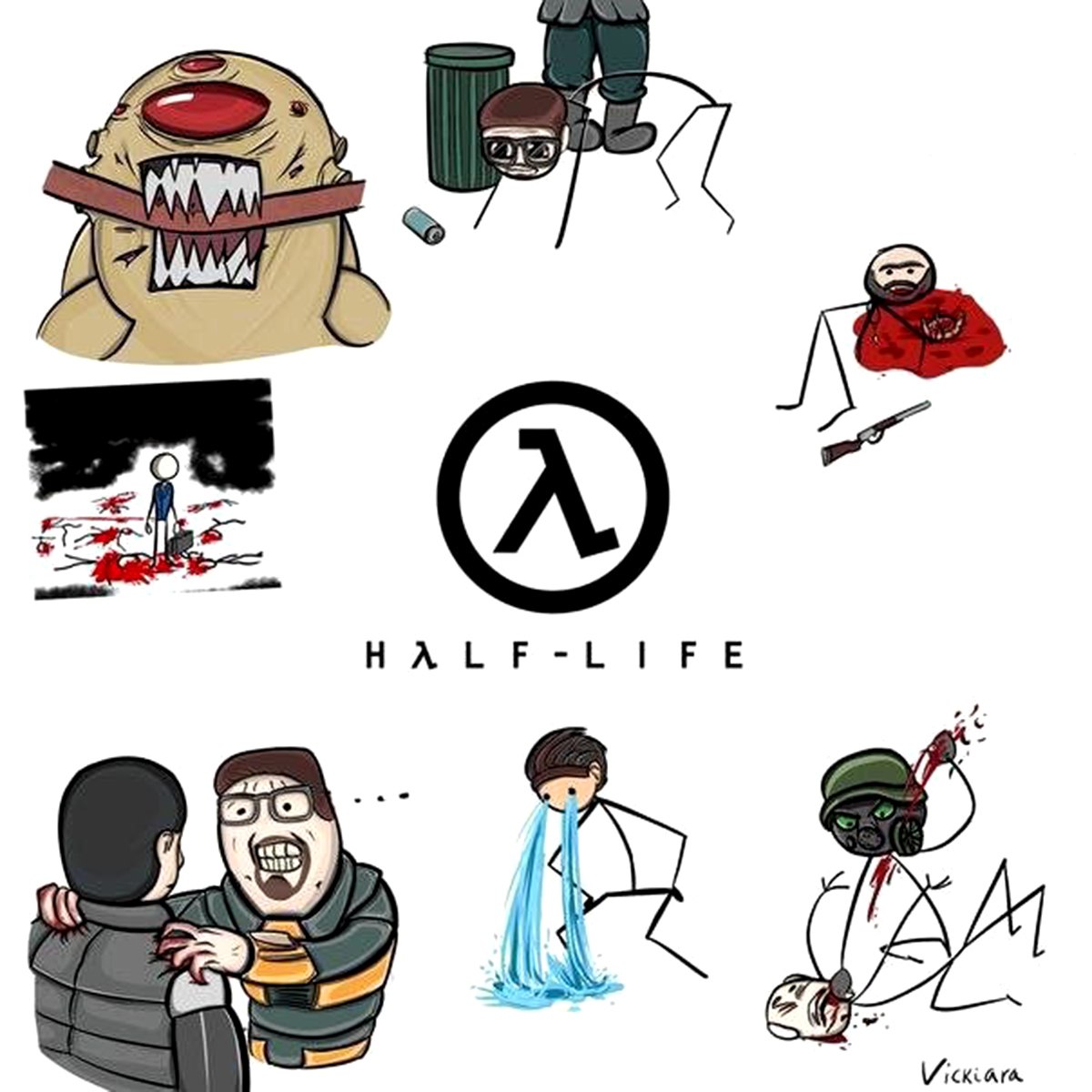 Half-Life в стиле stickman Изображение демонстрирует различные сцены и персонажей из игры Half-Life, перерисованные в упрощенном стиле "человечков-стикманов", дополненное логотипом игры и подписью художника.