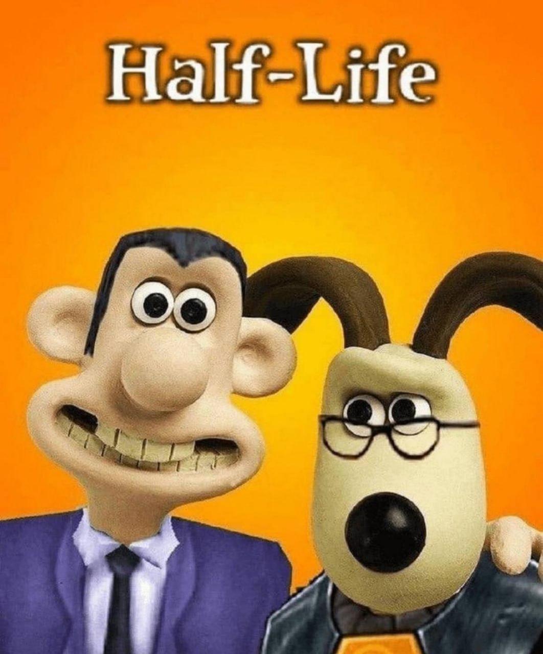 Half-Life с Уоллесом и Громитом Мем, на котором Уоллес и Громит изображены в образах G-Man'а и Гордона Фримена из игры Half-Life на оранжевом фоне.