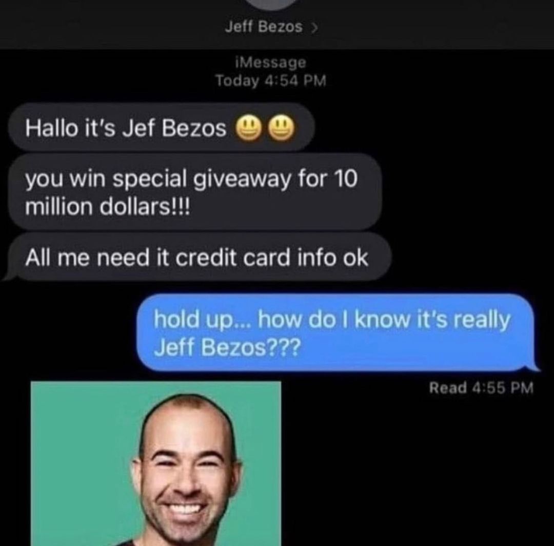 Hallo it’s Jef Bezos Мем про сообщения от «Джеффа Безоса» с фотографией Джо Гатто.