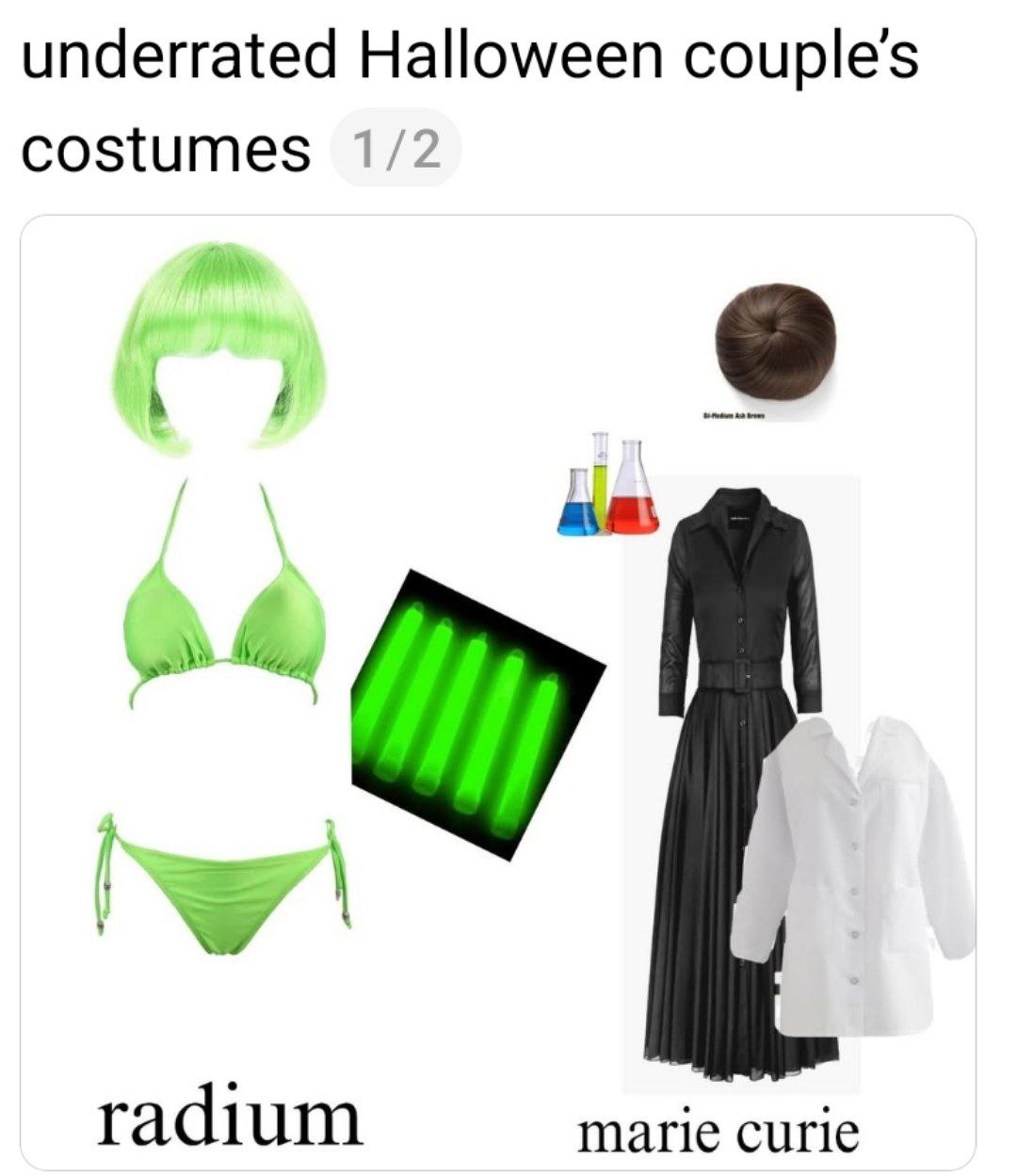 Хэллоуинские костюмы Radium и Marie Curie Недооцененные парные костюмы на Хэллоуин: радий (Radium) и Мария Кюри (Marie Curie)