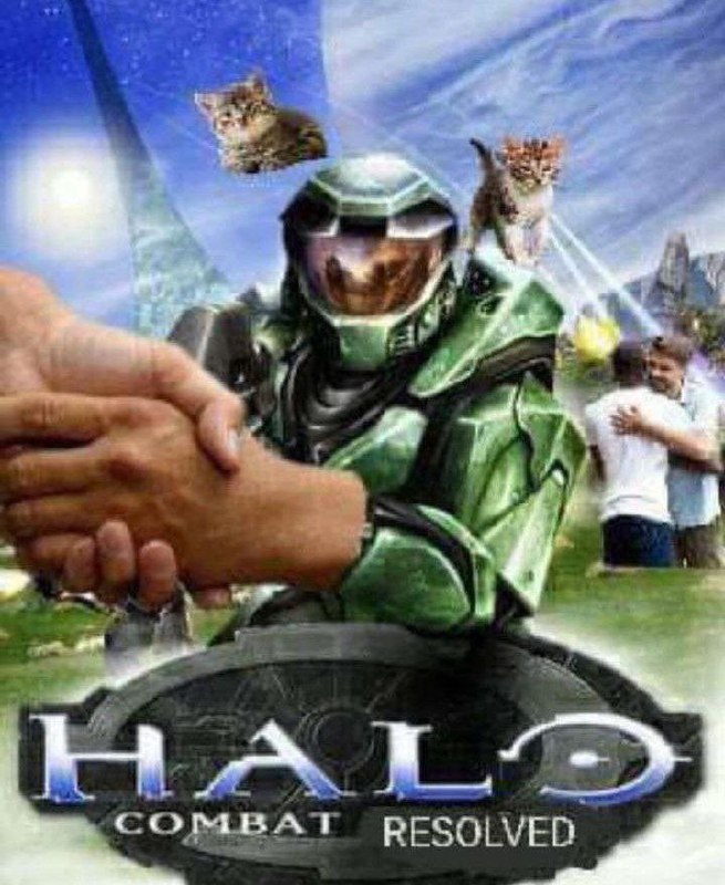 Halo Combat Resolved Мем с обложкой игры Halo с котами и обнимающимися людьми, а также названием Halo: Combat Resolved.