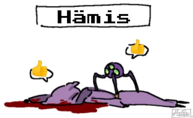 Hämis Мем Hämis с существом, похожим на паука, и эмодзи большого пальца вверх