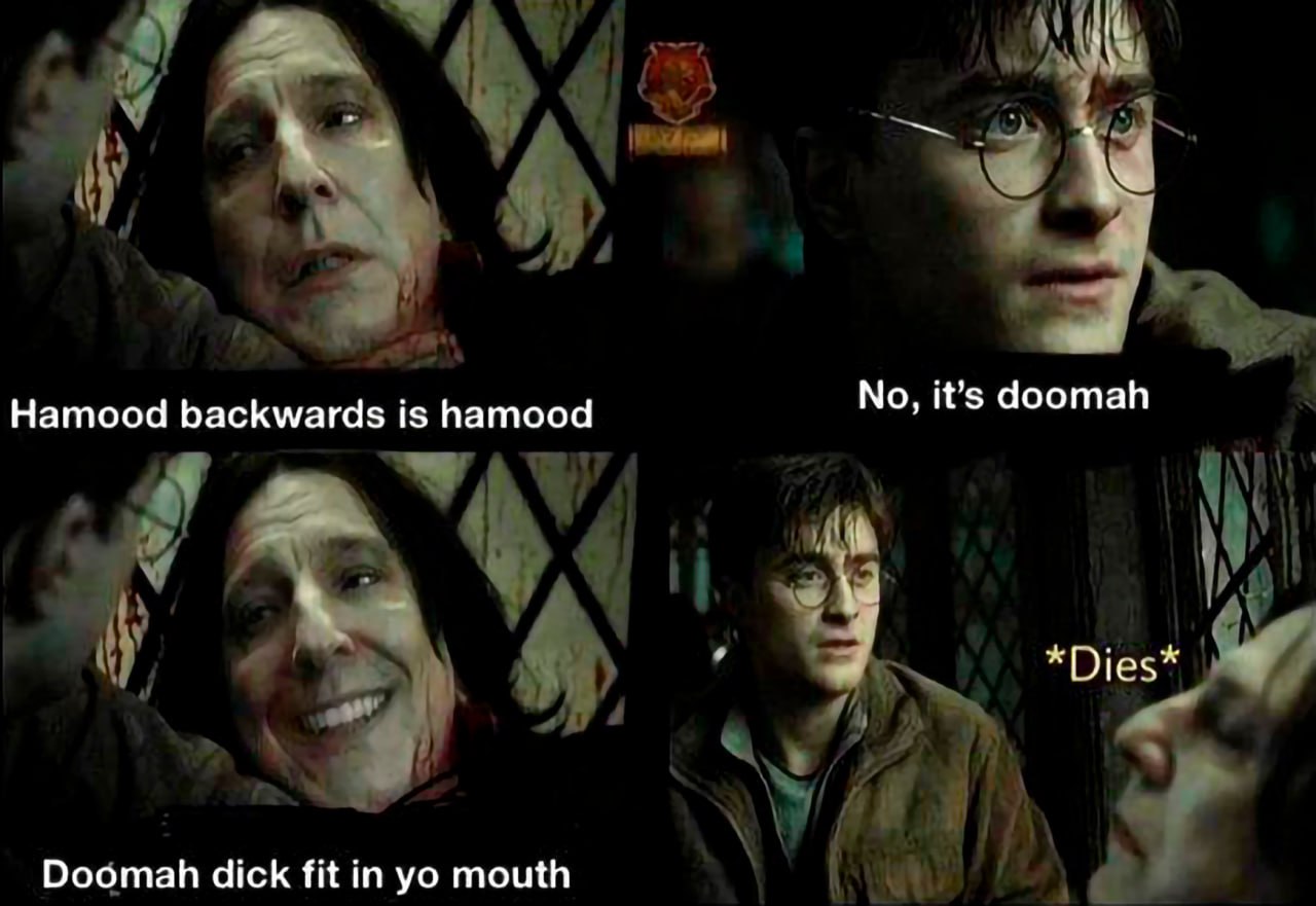 Hamood backwards is hamood Северус Снегг и Гарри Поттер обмениваются шутками с игрой слов "Hamood" и "Doomah", приводящей к нецензурной фразе.