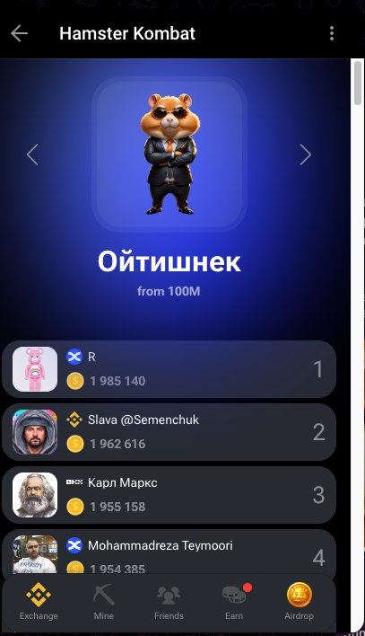 Хомяк Ойтишнек из Hamster Kombat Мем с хомяком-ойтишником из игры Hamster Kombat и списком лидеров с заработанными монетами.