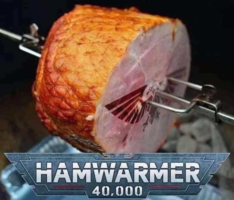 Мем Hamwarmer 40,000 Мем с окороком на вертеле и логотипом Hamwarmer 40,000