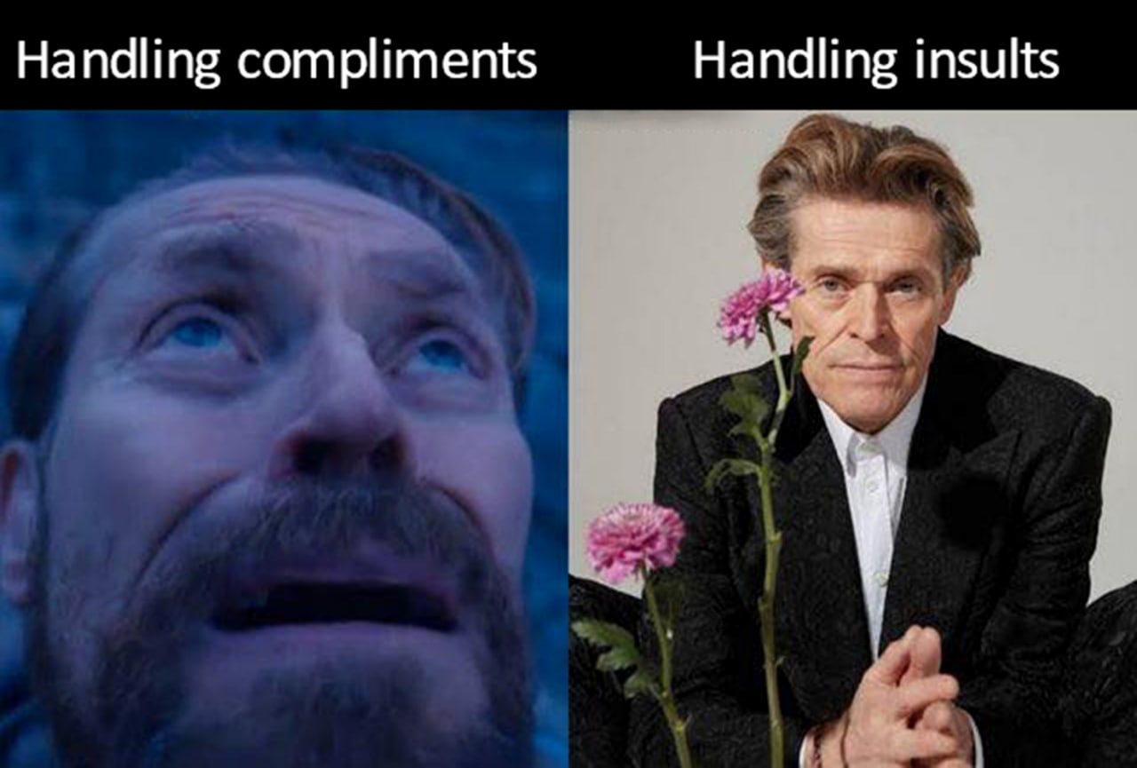 Handling compliments vs Handling insults Уиллем Дефо справляется с комплиментами и оскорблениями