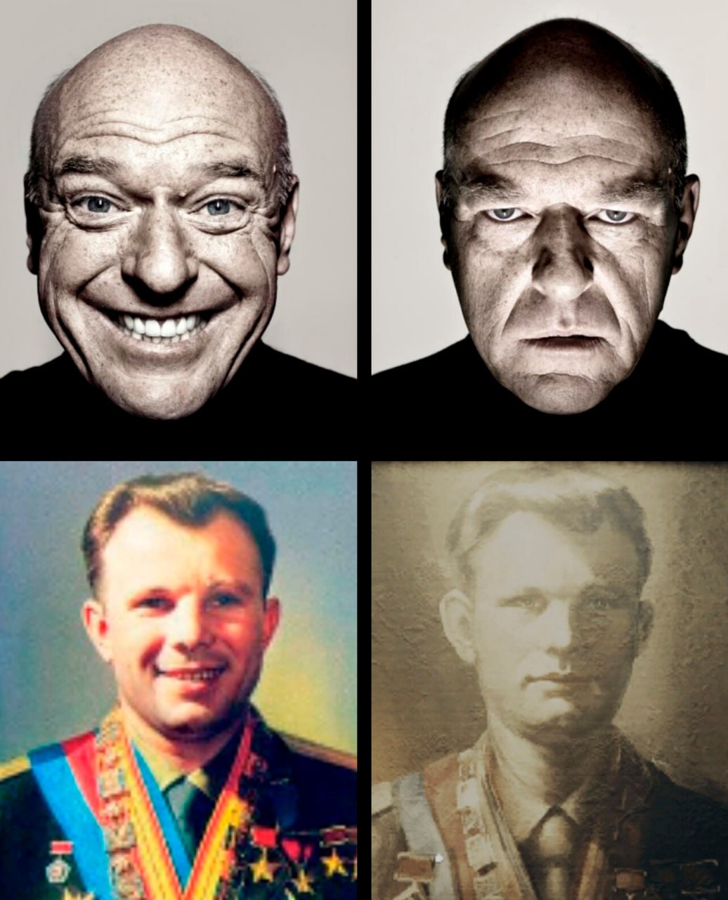 Счастливое и недовольное лицо Хэнка и Гагарина Мем с двумя парами лиц, выражающих радость и недовольство, где верхняя пара — это Хэнк Шрейдер из сериала "Во все тяжкие", а нижняя — Юрий Гагарин.