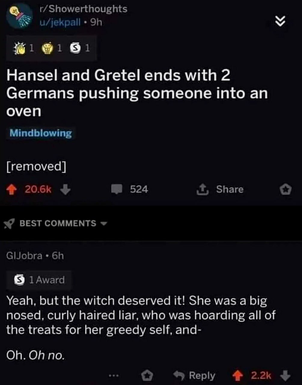 Hansel and Gretel ends with 2 Germans pushing someone into an oven Пост на Reddit о том, что Гензель и Гретель в конце сказки толкают ведьму в печь.