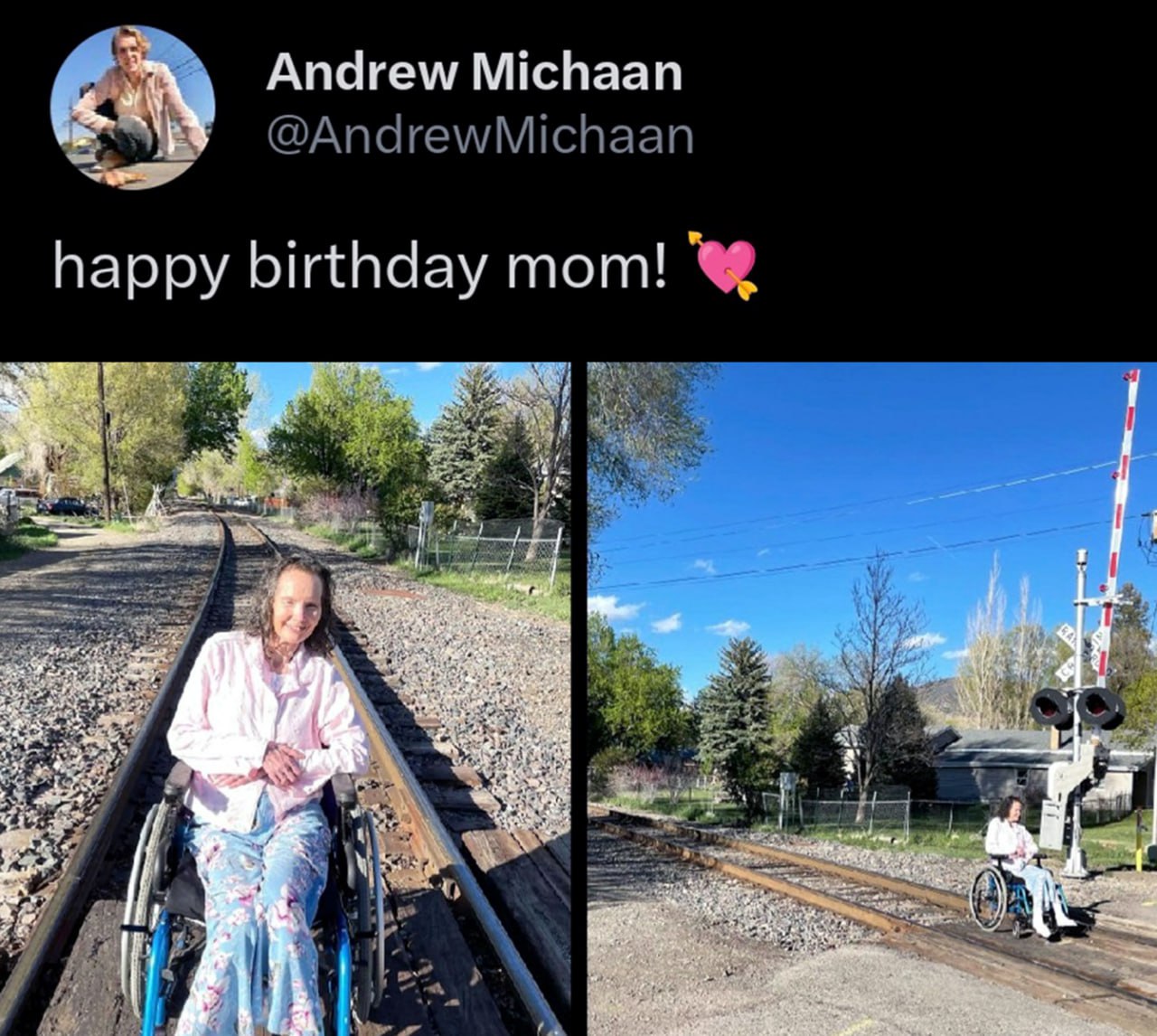 Happy birthday mom на рельсах Женщина в инвалидной коляске на железнодорожных путях в публикации на "Happy birthday mom"