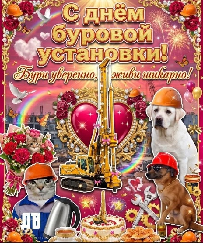Поздравительная открытка ко Дню буровой установки с буровой техникой, рабочими в касках, котами, собакой и пожеланием успешной работы и шикарной жизни.