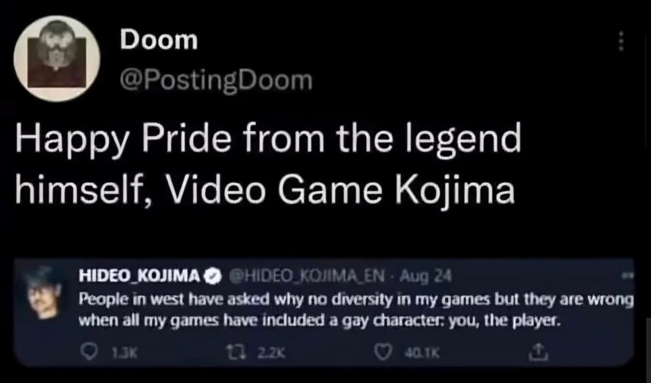 Happy Pride from the legend himself, Video Game Kojima Хидео Кодзима желает счастливого Прайда и говорит, что во всех его играх есть гей-персонаж — сам игрок.