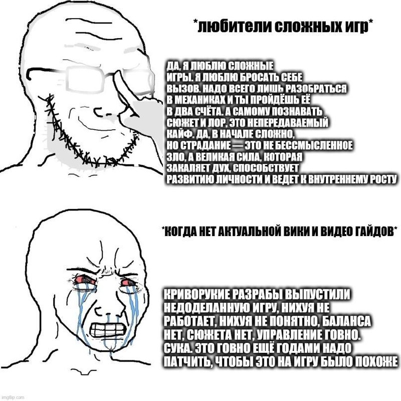Любитель сложных игр до и после выхода недоделанной игры без актуальной вики и видео-гайдов.